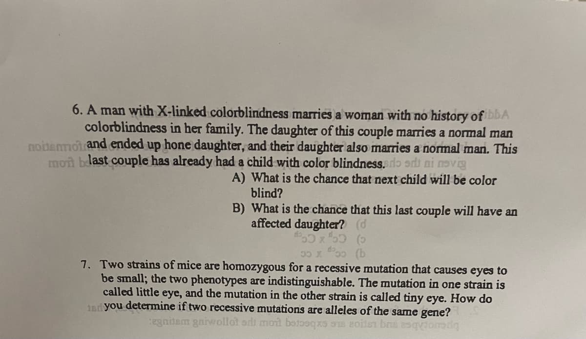 6. A man with X-linked colorblindness marries a woman with no history of ibba
colorblindness in her family. The daughter of this couple marries a normal man
noitemot and ended up hone daughter, and their daughter also marries a normal man. This
mont blast couple has already had a child with color blindness.do si ni movig
A) What is the chance that next child will be color
blind?
B) What is the chance that this last couple will have an
affected daughter? (d
50 x ²50 (5
30 x 50 (b
7. Two strains of mice are homozygous for a recessive mutation that causes eyes to
be small; the two phenotypes are indistinguishable. The mutation in one strain is
called little eye, and the mutation in the other strain is called tiny eye. How do
18d you determine if two recessive mutations are alleles of the same gene?
tegnitem gniwollot od moit botoeqxs sus coilet brusesquiomatiq