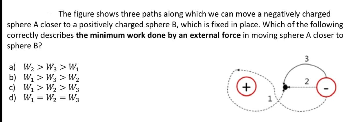 The figure shows three paths along which we can move a negatively charged
sphere A closer to a positively charged sphere B, which is fixed in place. Which of the following
correctly describes the minimum work done by an external force in moving sphere A closer to
sphere B?
3
a) W2 > W3 > W1
b) W1 > W3 > W2
c) W1 > W2 > W3
d) W1 = W2 = W3
2
+
1
