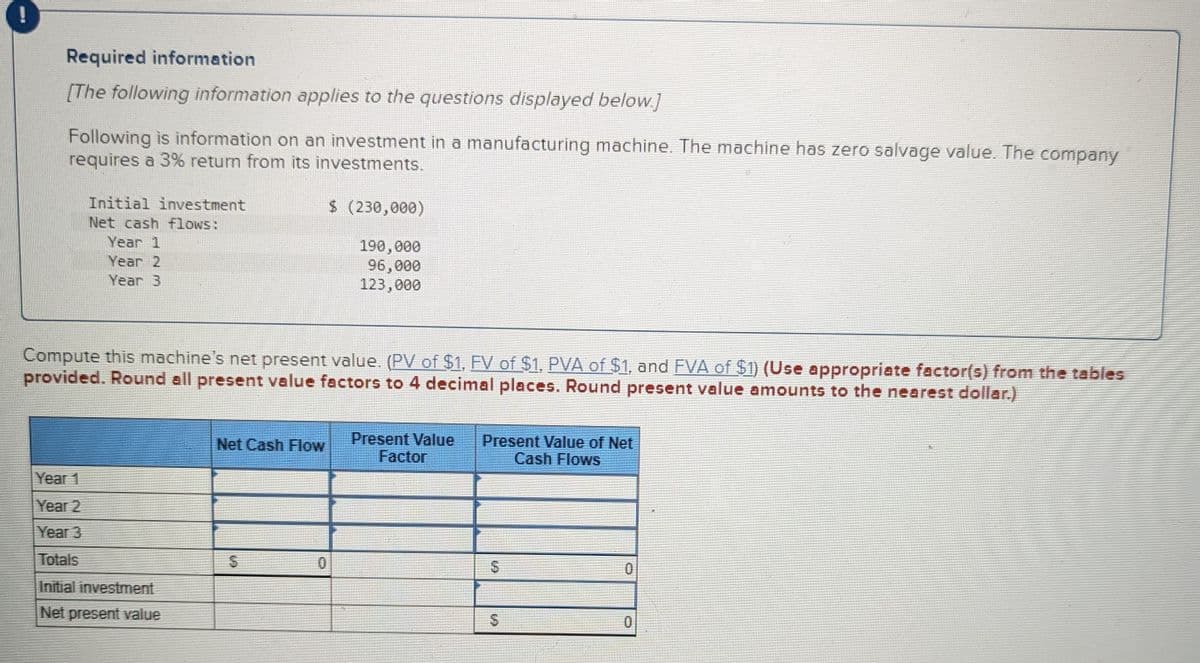 Required information
[The following information applies to the questions displayed below.]
Following is information on an investment in a manufacturing machine. The machine has zero salvage value. The company
requires a 3% return from its investments.
Initial investment
Net cash flows:
Year 1
Year 2
Year B
Year 1
Year 2
Year 3
Totals
Initial investment
Net present value
Compute this machine's net present value. (PV of $1, FV of $1, PVA of $1, and FVA of $1) (Use appropriate factor(s) from the tables
provided. Round all present value factors to 4 decimal places. Round present value amounts to the nearest dollar.)
Net Cash Flow
LUD
$
$ (230,000)
0
190,000
96,000
123,000
Present Value Present Value of Net
Factor
Cash Flows
$
09
0
0