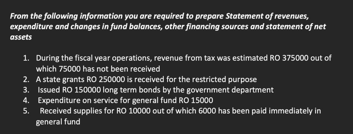 From the following information you are required to prepare Statement of revenues,
expenditure and changes in fund balances, other financing sources and statement of net
assets
1. During the fiscal year operations, revenue from tax was estimated RO 375000 out of
which 75000 has not been received
2. A state grants RO 250000 is received for the restricted purpose
3. Issued RO 150000 long term bonds by the government department
4. Expenditure on service for general fund RO 15000
Received supplies for RO 10000 out of which 6000 has been paid immediately in
5.
general fund
