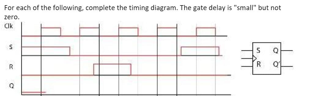 For each of the following, complete the timing diagram. The gate delay is "small" but not
zero.
CIK
S
R
O
S
R
Q