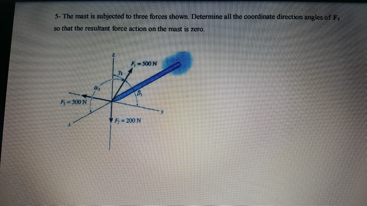5- The mast is subjected to three forces shown. Determine all the coordinate direction angles of F
so that the resultant force action on the mast is zero.
A-500 N
A-300N
YA-200 N
