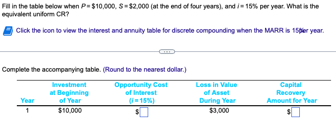 Fill in the table below when P= $10,000, S = $2,000 (at the end of four years), and i= 15% per year. What is the
equivalent uniform CR?
Click the icon to view the interest and annuity table for discrete compounding when the MARR is 15%er year.
Complete the accompanying table. (Round to the nearest dollar.)
Opportunity Cost
of Interest
(i=15%)
$
Year
1
Investment
at Beginning
of Year
$10,000
Loss in Value
of Asset
During Year
$3,000
Capital
Recovery
Amount for Year