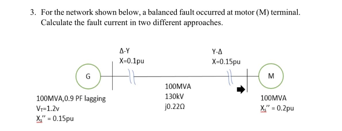 3. For the network shown below, a balanced fault occurred at motor (M) terminal.
Calculate the fault current in two different approaches.
G
100MVA,0.9 PF lagging
V₁=1.2V
Xs" = 0.15pu
A-Y
X=0.1pu
100MVA
130kV
j0.220
Y-A
X=0.15pu
M
100MVA
Xs" = 0.2pu