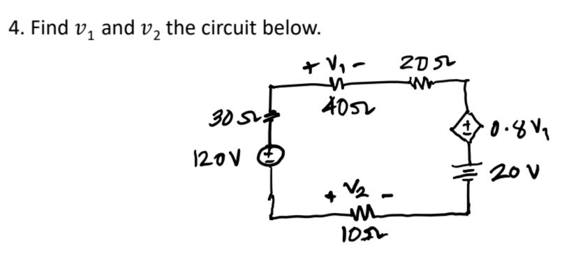 4. Find v, and v, the circuit below.
ャV,-
2D SL
30 Sv
120V
20V
