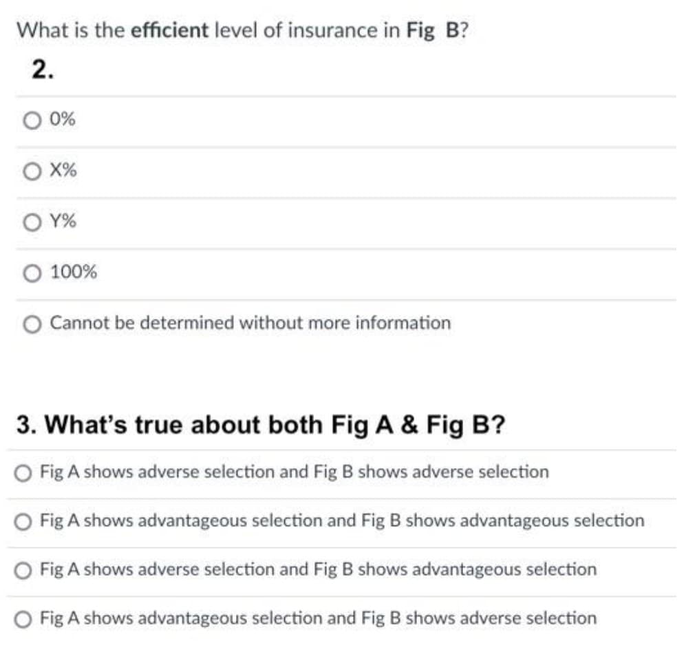 What is the efficient level of insurance in Fig B?
2.
O 0%
X%
O Y%
O 100%
Cannot be determined without more information
3. What's true about both Fig A & Fig B?
O Fig A shows adverse selection and Fig B shows adverse selection
Fig A shows advantageous selection and Fig B shows advantageous selection
O Fig A shows adverse selection and Fig B shows advantageous selection
O Fig A shows advantageous selection and Fig B shows adverse selection
