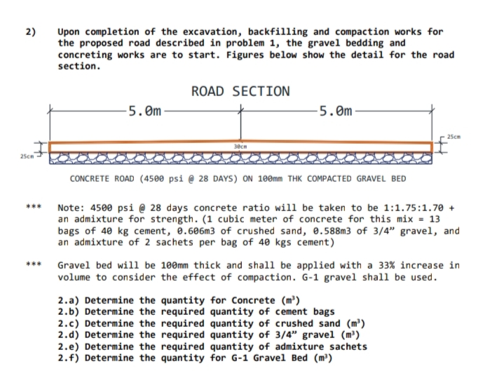 2)
Upon completion of the excavation, backfilling and compaction works for
the proposed road described in problem 1, the gravel bedding and
concreting works are to start. Figures below show the detail for the road
section.
ROAD SECTION
-5. 0m-
-5.0m-
25cm
25cm
CONCRETE ROAD (4500 psi @ 28 DAYS) ON 100mm THK COMPACTED GRAVEL BED
***
Note: 4500 psi @ 28 days concrete ratio will be taken to be 1:1.75:1.70 +
an admixture for strength. (1 cubic meter of concrete for this mix = 13
bags of 40 kg cement, 0.606m3 of crushed sand, 0.588m3 of 3/4" gravel, and
an admixture of 2 sachets per bag of 40 kgs cement)
*** Gravel bed will be 100mm thick and shal1 be applied with a 33% increase in
volume to consider the effect of compaction. G-1 gravel shall be used.
2.a) Determine the quantity for Concrete (m³)
2.b) Determine the required quantity of cement bags
2.c) Determine the required quantity of crushed sand (m³)
2.d) Determine the required quantity of 3/4" gravel (m³)
2.e) Determine the required quantity of admixture sachets
2.f) Determine the quantity for G-1 Gravel Bed (m³)
