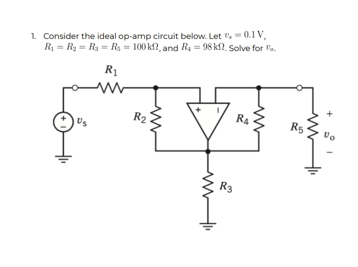 1. Consider the ideal op-amp circuit below. Let Us = 0.1 V,
R1 = R2 = R3 = R3 = 100 kN, and R4 = 98 kN, Solve for Vo.
R1
RA
R5
vo
R2
Us
R3

