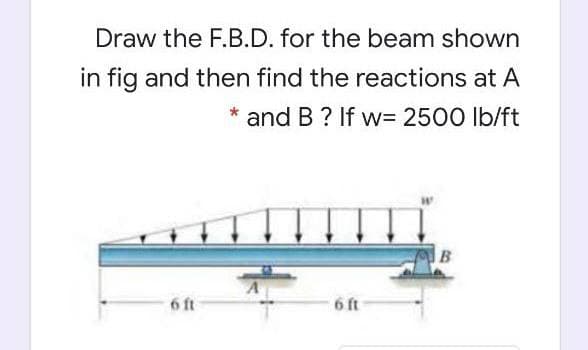 Draw the F.B.D. for the beam shown
in fig and then find the reactions at A
and B? If w= 2500 lb/ft
B
6 ft
6 ft
