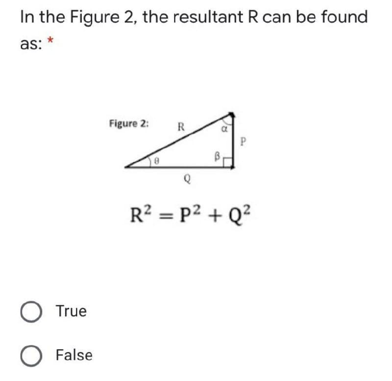 In the Figure 2, the resultant R can be found
as:
Figure 2:
P
R? = P2 + Q?
O True
O False
R.

