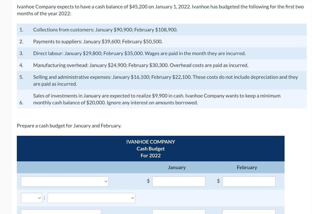 Ivanhoe Company expects to have a cash balance of $45,200 on January 1, 2022. Ivanhoe has budgeted the following for the first two
months of the year 2022:
1. Collections from customers: January $90,900; February $108,900.
Payments to suppliers: January $39,600; February $50,500.
Direct labour: January $29,800; February $35,000. Wages are paid in the month they are incurred.
4. Manufacturing overhead: January $24,900; February $30,300. Overhead costs are paid as incurred.
Selling and administrative expenses: January $16,100; February $22,100. These costs do not include depreciation and they
are paid as incurred.
2.
3.
5.
6.
Sales of investments in January are expected to realize $9,900 in cash. Ivanhoe Company wants to keep a minimum
monthly cash balance of $20,000. Ignore any interest on amounts borrowed.
Prepare a cash budget for January and February.
IVANHOE COMPANY
Cash Budget
For 2022
$
January
$
February