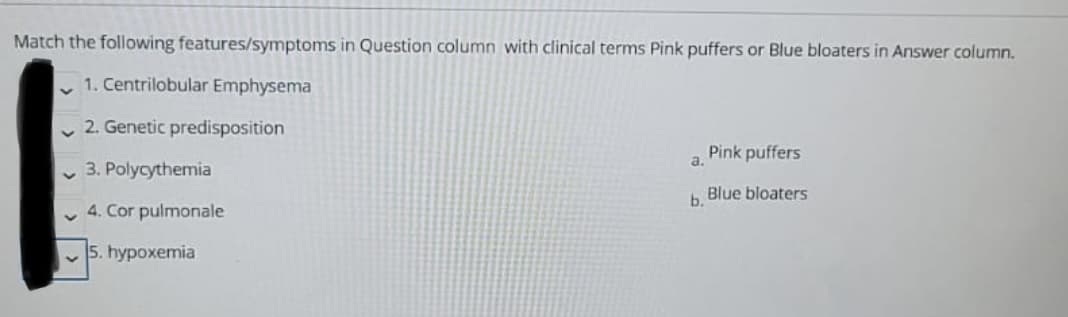 Match the following features/symptoms in Question column with clinical terms Pink puffers or Blue bloaters in Answer column.
v 1. Centrilobular Emphysema
v 2. Genetic predisposition
Pink puffers
a.
v 3. Polycythemia
Blue bloaters
b.
4. Cor pulmonale
5. hypoxemia
