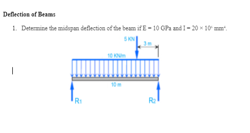 Deflection of Beams
1. Determine the midspan deflection of the beam if E = 10 GPa and I = 20 × 10“ mm“.
5 KN
3m
10 KNim
10 m
R1
R2
