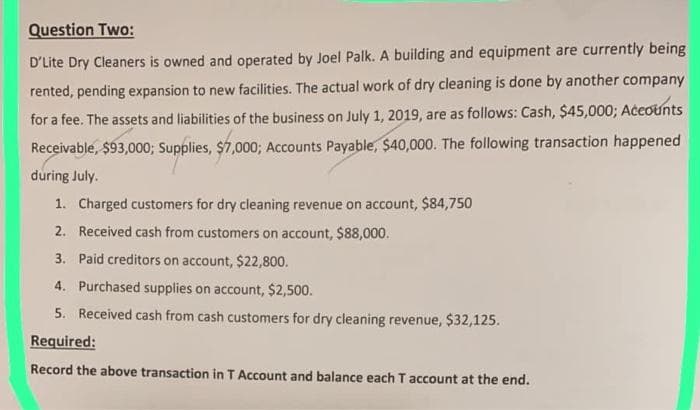 Question Two:
D'Lite Dry Cleaners is owned and operated by Joel Palk. A building and equipment are currently being
rented, pending expansion to new facilities. The actual work of dry cleaning is done by another company
for a fee. The assets and liabilities of the business on July 1, 2019, are as follows: Cash, $45,000; Accounts
Receivable, $93,000; Supplies, $7,000; Accounts Payable, $40,000. The following transaction happened
during July.
1. Charged customers for dry cleaning revenue on account, $84,750
2. Received cash from customers on account, $88,000.
3. Paid creditors on account, $22,800.
4. Purchased supplies on account, $2,500.
5. Received cash from cash customers for dry cleaning revenue, $32,125.
Required:
Record the above transaction in T Account and balance each T account at the end.