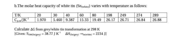 b.The molar heat capacity of white tin (Sn(white) Varies with temperature as follows:
T/K
20
30
40
60
80
198
249
274
289
Cp.m/JKT
1.970
5.460 9.387 15.33 19.49 26.17 26.71
26.84
26.88
Calculate AG from grey/white tin transformation at 298 K
[Given: S29(Sa(grey) = 38.77 J K AH Sa(grey) Sn(white) = 2234 J]
