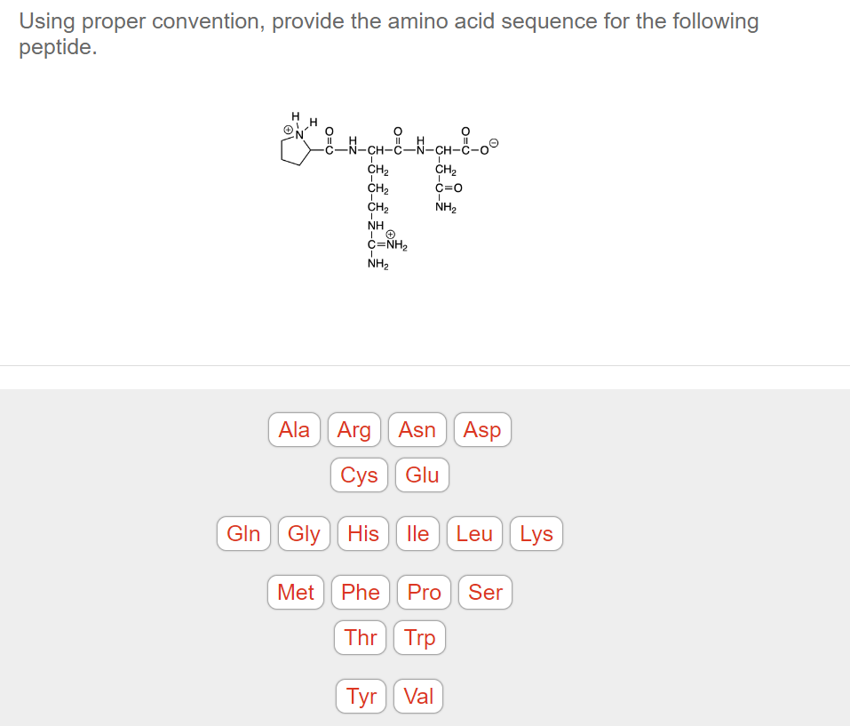 Using proper convention, provide the amino acid sequence for the following
peptide.
O
||
C-N-CH-C-N-CH
||
H
I
CH₂
CH₂
CH₂
I
NH
TO
C=NH,
NH₂
H
O
Gln Gly His
I
CH₂
I
C=O
I
NH₂
Ala Arg Asn Asp
Cys Glu
His lle Leu
Leu Lys
Met Phe Pro Ser
Thr Trp
Tyr Val