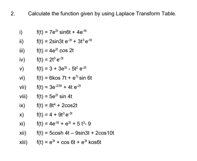 Calculate the function given by using Laplace Transform Table.
i)
f(t) = 7eª sin6t + 4e5t
ii)
f(t) = 2sin3t e3t + 3t°e5t
i)
f(t) = 4e2" cos 2t
iv)
f(t) = 2t5 e3t
%3D
v)
f(t) = 3 + 3e5t - 5t² e-2ª
vi)
f(t):
= 6kos 7t + e7 sin 6t
vii)
f(t :
= 3e 2/5t + 4t e 2t
vii)
f(t) = 5e2" sin 4t
ix)
f(t) = 8t* + 2cos2t
x)
f(t) = 4 + 9t³ e3t
xi)
f(t) = 4e5t + e3t + 5 t3- 9
xii)
f(t) :
= 5cosh 4t – 9sin3t + 2cos10t
xiii)
f(t) = et + cos 6t + e³t kos6t
2.
