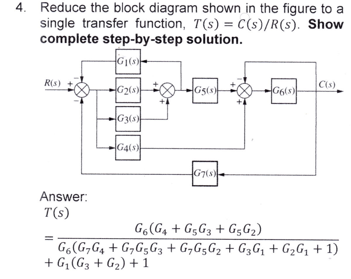 4. Reduce the block diagram shown in the figure to a
single transfer function, T(s) = C(s)/R(s). Show
complete step-by-step solution.
G₁(s)
R(s) +
Answer:
T(s)
G₂(s)
G3(s)
G4(s)
+
G5(s)
G7(s)
G6(s)
C(s)
G6 (G4 + G5G3 + G5G₂)
G6 (G7G4 + G7G5G3 + G7G5G2 + G3G1₁ + G₂G₁ + 1)
+ G₁ (G3 + G₂) +1