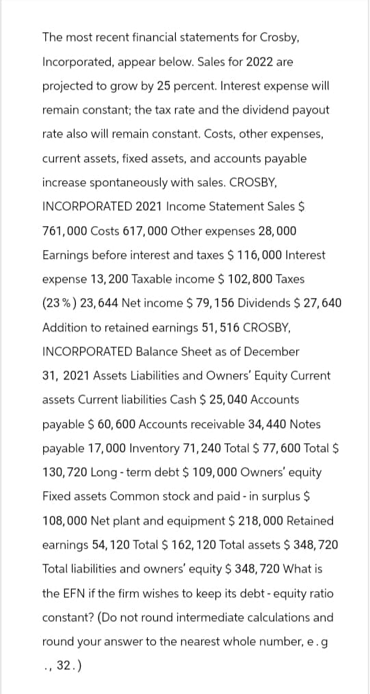 The most recent financial statements for Crosby,
Incorporated, appear below. Sales for 2022 are
projected to grow by 25 percent. Interest expense will
remain constant; the tax rate and the dividend payout
rate also will remain constant. Costs, other expenses,
current assets, fixed assets, and accounts payable
increase spontaneously with sales. CROSBY,
INCORPORATED 2021 Income Statement Sales $
761,000 Costs 617,000 Other expenses 28,000
Earnings before interest and taxes $116,000 Interest
expense 13, 200 Taxable income $ 102,800 Taxes
(23%) 23,644 Net income $ 79, 156 Dividends $ 27,640
Addition to retained earnings 51, 516 CROSBY,
INCORPORATED Balance Sheet as of December
31, 2021 Assets Liabilities and Owners' Equity Current
assets Current liabilities Cash $ 25, 040 Accounts
payable $ 60, 600 Accounts receivable 34, 440 Notes
payable 17,000 Inventory 71, 240 Total $ 77,600 Total $
130, 720 Long-term debt $ 109,000 Owners' equity
Fixed assets Common stock and paid - in surplus $
108,000 Net plant and equipment $ 218,000 Retained
earnings 54, 120 Total $ 162, 120 Total assets $ 348, 720
Total liabilities and owners' equity $ 348,720 What is
the EFN if the firm wishes to keep its debt-equity ratio
constant? (Do not round intermediate calculations and
round your answer to the nearest whole number, e.g
., 32.)