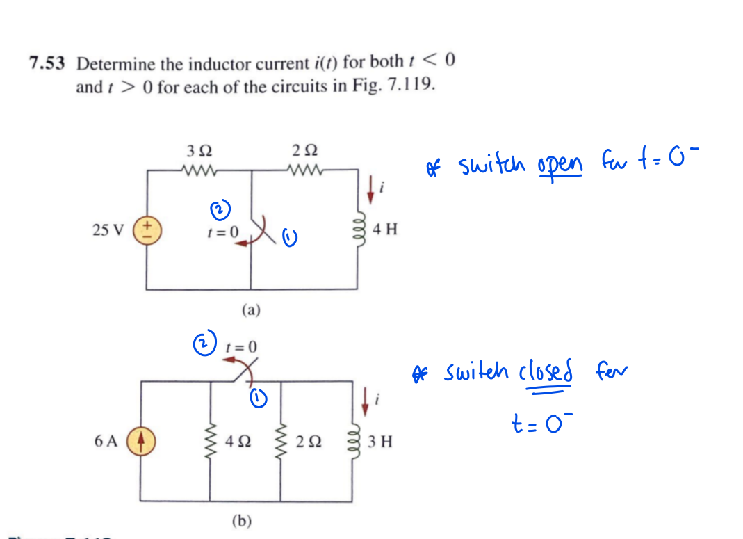 7.53 Determine the inductor current i(t) for both t < 0
and t> 0 for each of the circuits in Fig. 7.119.
25 V
6 A
352
ww
t=0
(a)
t=0
4Ω
252
252
4 H
3 H
of switch open for t=0-
* Switch closed fer
t = 0²