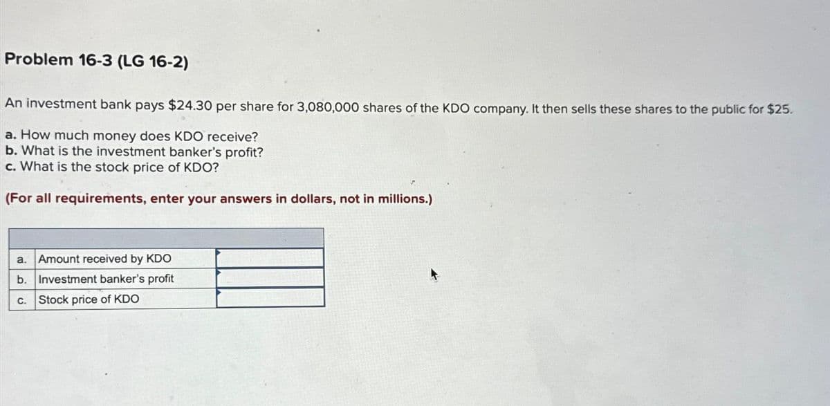 Problem 16-3 (LG 16-2)
An investment bank pays $24.30 per share for 3,080,000 shares of the KDO company. It then sells these shares to the public for $25.
a. How much money does KDO receive?
b. What is the investment banker's profit?
c. What is the stock price of KDO?
(For all requirements, enter your answers in dollars, not in millions.)
a. Amount received by KDO
b. Investment banker's profit
Stock price of KDO
C.