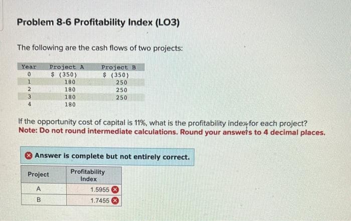 Problem 8-6 Profitability Index (LO3)
The following are the cash flows of two projects:
Project B
$ (350)
250
250
250
Year
0
1
2
434
Project A
$ (350)
180
180
180
180
If the opportunity cost of capital is 11%, what is the profitability index for each project?
Note: Do not round intermediate calculations. Round your answers to 4 decimal places.
Answer is complete but not entirely correct.
Profitability
Index
Project
A
B
1.5955
1.7455