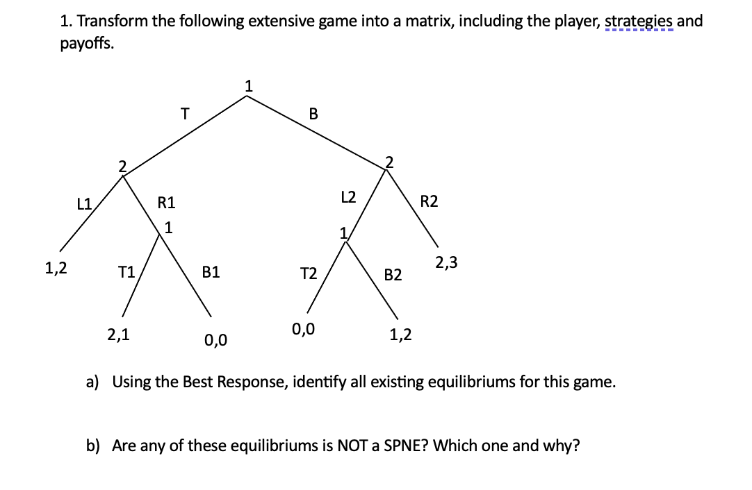 1. Transform the following extensive game into a matrix, including the player, strategies and
payoffs.
1,2
L1
T1
2,1
R1
1
T
B1
0,0
1
B
T2
0,0
L2
B2
1,2
R2
2,3
a) Using the Best Response, identify all existing equilibriums for this game.
b) Are any of these equilibriums is NOT a SPNE? Which one and why?