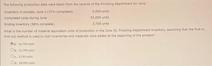 The following production data were taken from the records of the Finishing Department for June:
Inventory in process, June 1 (37% completed)
Completed units during June
Ending Inventory (58% complete)
5,000 units
63,000 units
3,700 units
What is the number of material equivalent units of production in the June 30, Finishing Department inventory, assuming that the first-in,
first-out method is used to cost inventories and materials were added at the beginning of the process?
a. 66,700 units
Ob. 61.700 units
Oc. 3.700 units
Od. 58,000 units