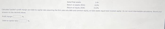 Sales/Total assets
Return on assets (ROA)
1.8x
8.0%
Return on equity (ROE)
15.0%
Calculate Caulder's profit margin and debt-to-capital ratio assuming the firm uses only debt and common equity, so total assets equal total invested capital. Do not round intermediate calculations. Round your
answers to two decimal places.
Profit margin:
Debt-to-capital rabo: