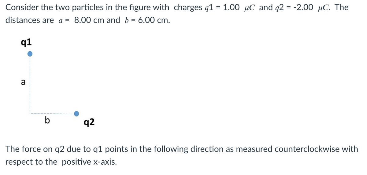 Consider the two particles in the figure with charges q1 = 1.00 μC and q2 = -2.00 μ℃. The
distances are a = 8.00 cm and b = 6.00 cm.
q1
a
b
q2
The force on q2 due to q1 points in the following direction as measured counterclockwise with
respect to the positive x-axis.