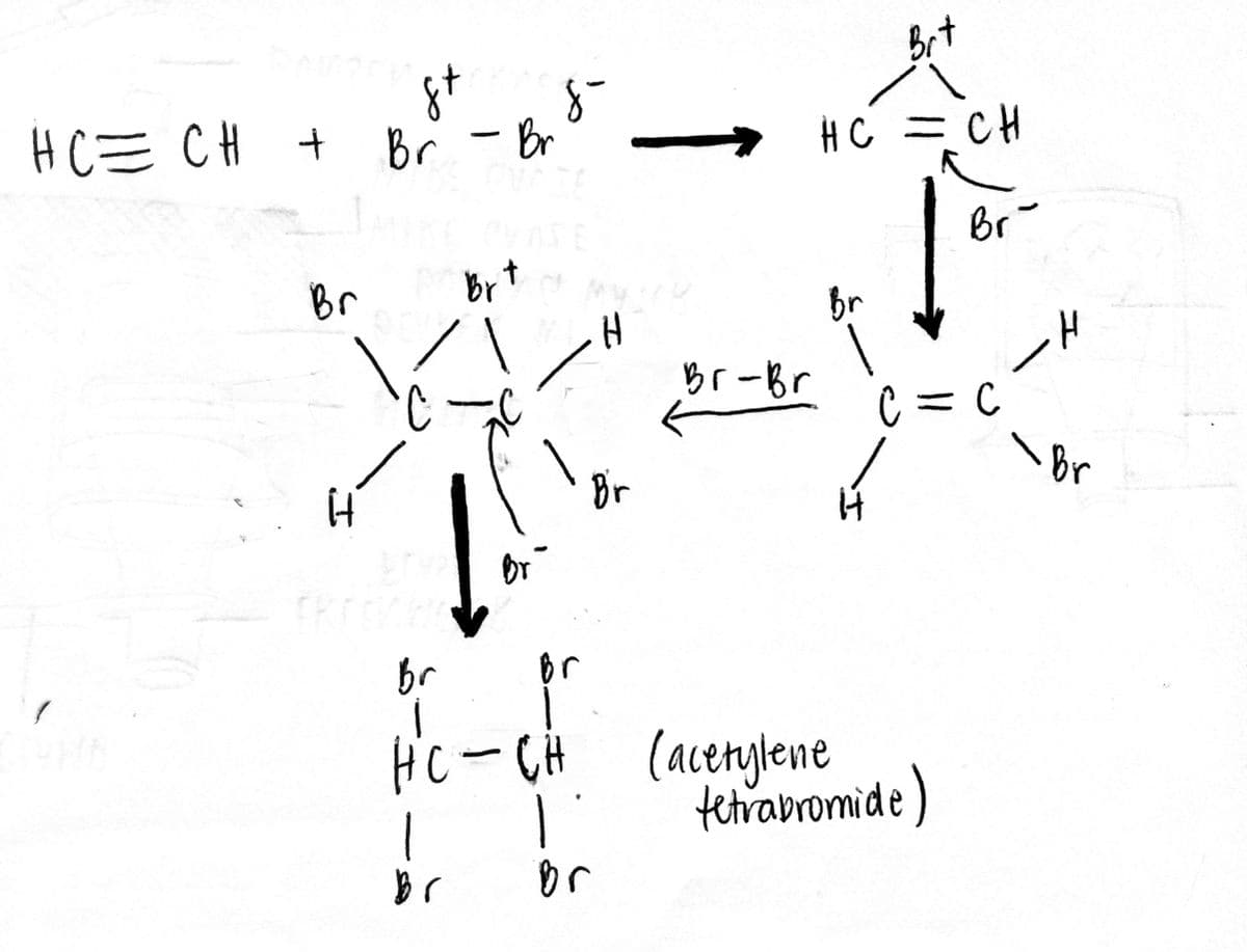 HC= CH + Br - Br
HC = CH
Br
Br
Br
br
らr-Br
C
Br
Br
Or
br
HiC-CH
(acerylene
tetrabromide )
Br
or
