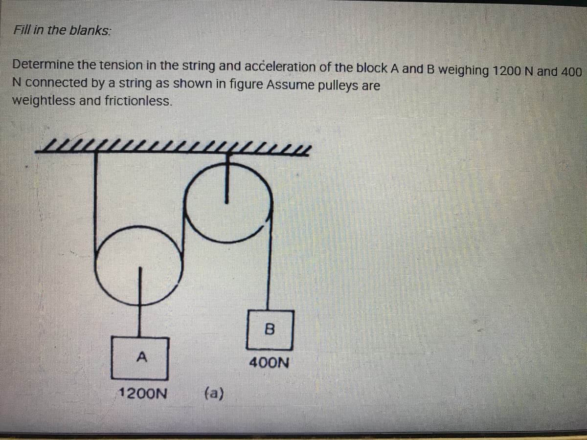 Fill in the blanks:
Determine the tension in the string and acceleration of the block A and B weighing 1200 N and 400
N connected by a string as shown in figure Assume pulleys are
weightless and frictionless.
A
400N
1200N
(a)
