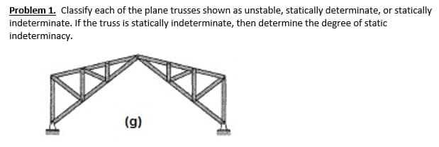 Problem 1. Classify each of the plane trusses shown as unstable, statically determinate, or statically
indeterminate. If the truss is statically indeterminate, then determine the degree of static
indeterminacy.
(g)