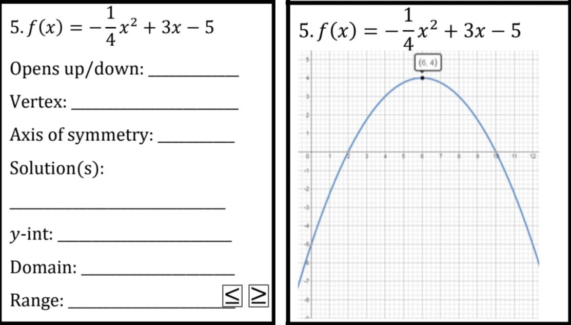 1
1
5. f (x) = --x² + 3x – 5
4
5. f(x)
-7x² + 3x – 5
4
= –
(6, 4)
Opens up/down:
Vertex:
Axis of symmetry:
Solution(s):
у-int:
Domain:
Range:
VI
