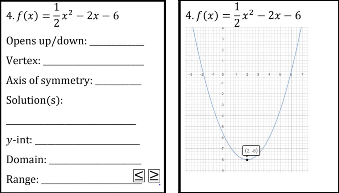 1
1
x² – 2x – 6
4. f (x) = ;x² – 2x - 6
4. f (x) =
-
|
Opens up/down:
Vertex:
Axis of symmetry:
Solution(s):
у-int:
(2, -8)
Domain:
Range:
VI
