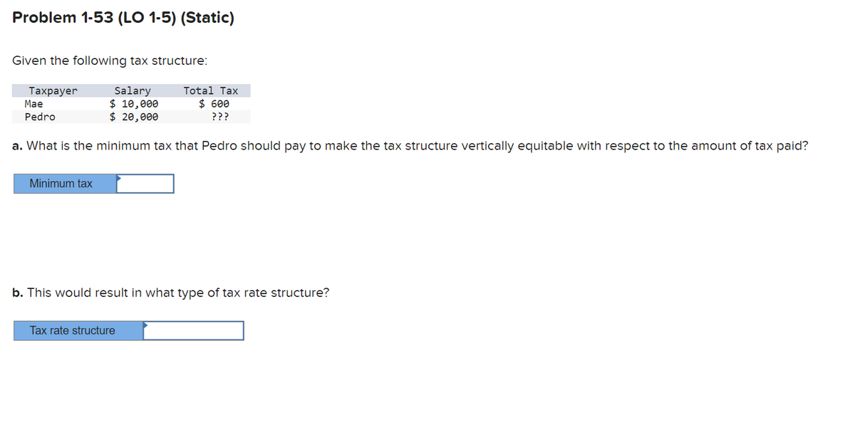 Problem 1-53 (LO 1-5) (Static)
Given the following tax structure:
Salary
Taxpayer
Mae
$ 10,000
Pedro
$ 20,000
Total Tax
$ 600
???
a. What is the minimum tax that Pedro should pay to make the tax structure vertically equitable with respect to the amount of tax paid?
Minimum tax
b. This would result in what type of tax rate structure?
Tax rate structure