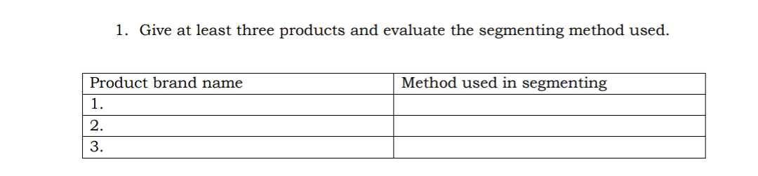 1. Give at least three products and evaluate the segmenting method used.
Product brand name
Method used in segmenting
1.
2.
3.
