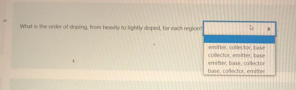 What is the order of doping, from heavily to lightly doped, for each region?
emitter, collector, base
collector, emitter, base
emitter, base, collector
base, collector, emitter
