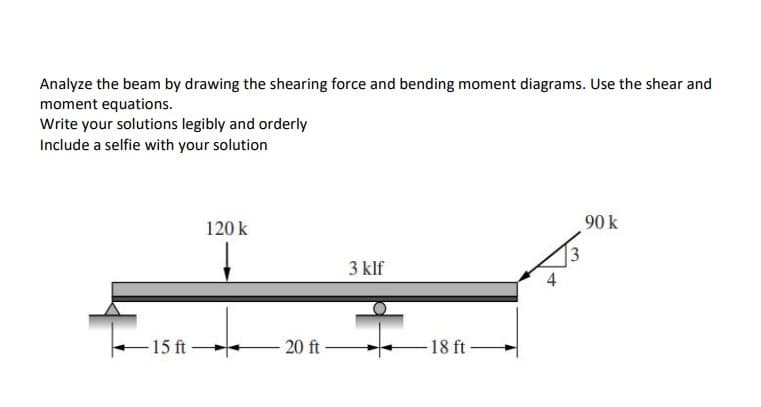 Analyze the beam by drawing the shearing force and bending moment diagrams. Use the shear and
moment equations.
Write your solutions legibly and orderly
Include a selfie with your solution
-15 ft
120 k
20 ft
3 klf
18 ft
90 k