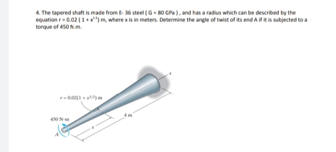 4. The tapered shaft is made from E- 36 steel ( G = 80 GPa ) , and has a radius which can be described by the
equation r= 0.02 (1 +x**) m, where x is in meters. Determine the angle of twist of its end A if it is subjected to a
torque of 450 N.m.
r= 0.02(1 + x2) m
450 N-m
