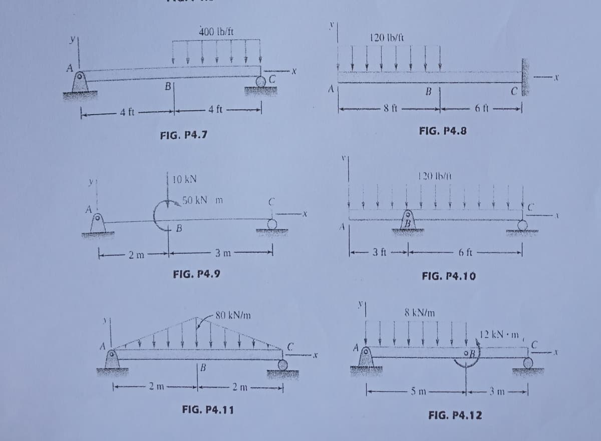 A
y
A
4 ft
2 m
400 lb/ft
4 ft
B
FIG. P4.7
10 KN
2 m
50 kN m
B
FIG. P4.9
3 m
TANCADAVEN
- 80 kN/m
2 m
B
FIG. P4.11
TERTINGUMOR
X
X
120 lb/ft
8 ft
43 ft
"
ww
w
B
FIG. P4.8
120 lb/ft
6 ft
6 ft
FIG. P4.10
8 kN/m
5 m
12 kN•m,
3 m
OB
FIG. P4.12
X
X