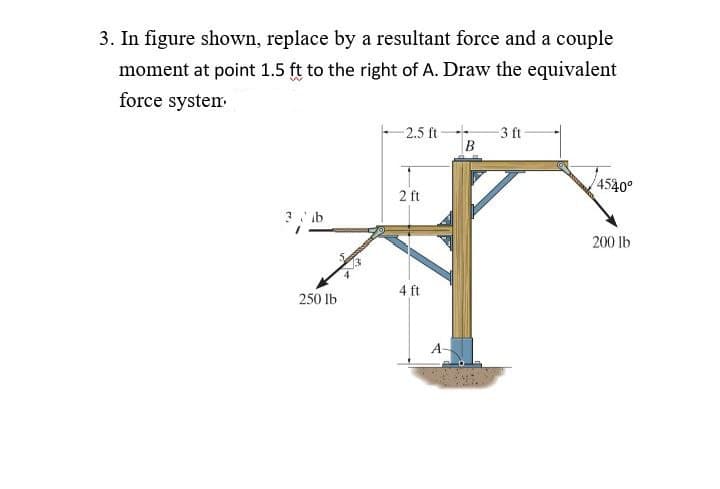 3. In figure shown, replace by a resultant force and a couple
moment at point 1.5 ft to the right of A. Draw the equivalent
force system-
2.5 ft
3 ft
4540°
2 ft
3 b
200 lb
4 ft
250 lb
A
