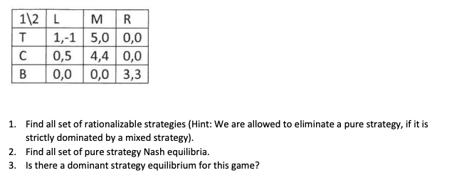 1\2 L
1,-1 | 5,0 | 0,0
0,5 4,4
0,0 0,0 3,3
M
R
C
0,0
В
1. Find all set of rationalizable strategies (Hint: We are allowed to eliminate a pure strategy, if it is
strictly dominated by a mixed strategy).
2. Find all set of pure strategy Nash equilibria.
3. Is there a dominant strategy equilibrium for this game?
