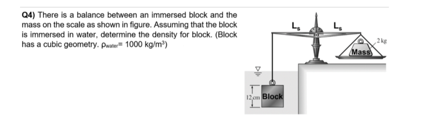 Q4) There is a balance between an immersed block and the
mass on the scale as shown in figure. Assuming that the block
is immersed in water, determine the density for block. (Block
has a cubic geometry. Pwater= 1000 kg/m®)
2 kg
Mass
12 cm Block
