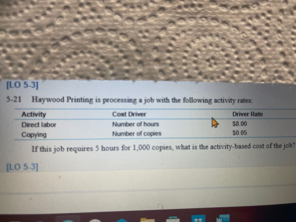 [LO 5-3]
5-21 Haywood Printing is processing a job with the following activity rates:
Activity
Cost Driver
Driver Rate
Direct labor
Number of hours
$8.00
Copying
Number of copies
$0.05
If this job requires 5 hours for 1,000 copies, what is the activity-based cost of the job?
[LO 5-3]