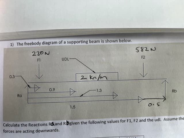 1) The freebody diagram of a supporting beam is shown below.
0.3-
Ra
230N
F1
0.9
UDL-
1.5
2 kn/m
-1.3.
582N
F2
0.5
Rb
Calculate the Reactions Rand RDgiven the following values for F1, F2 and the udl. Assume the
forces are acting downwards.