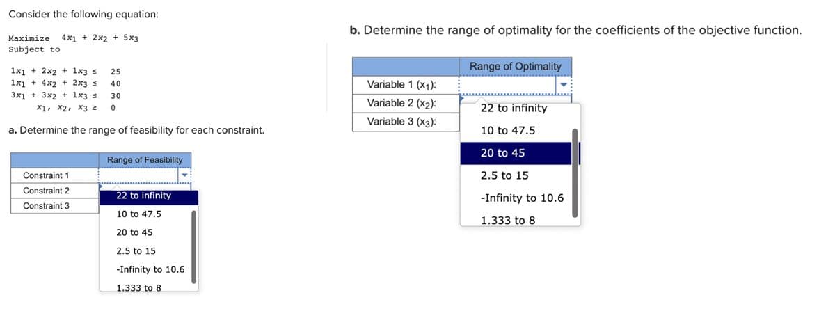 Consider the following equation:
b. Determine the range of optimality for the coefficients of the objective function.
Maximize
4x1 + 2x2 + 5x3
Subject to
Range of Optimality
1x1 + 2x2 + 1x3 s
25
1x1 + 4x2 + 2x3 s
Variable 1 (x1):
40
3x1 + 3x2 + 1x3 <
30
Variable 2 (x2):
X1, X2, Хх3 2
22 to infinity
Variable 3 (x3):
a. Determine the range of feasibility for each constraint.
10 to 47.5
20 to 45
Range of Feasibility
Constraint 1
2.5 to 15
Constraint 2
22 to infinity
-Infinity to 10.6
Constraint 3
10 to 47.5
1.333 to 8
20 to 45
2.5 to 15
-Infinity to 10.6
1.333 to 8
