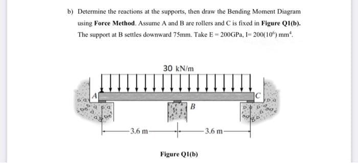 b) Determine the reactions at the supports, then draw the Bending Moment Diagram
using Force Method. Assume A and B are rollers and C is fixed in Figure QI(b).
The support at B settles downward 75mm. Take E = 200GPA, I= 200(10°) mm".
30 kN/m
B
-3.6 m-
-3.6 m-
Figure QI(b)
