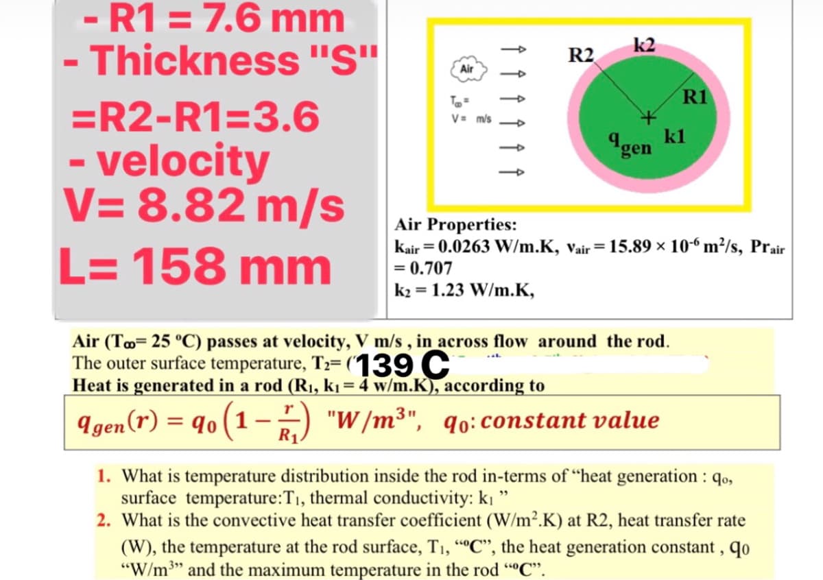 - R1 = 7.6 mm
- Thickness "S"
k2
R2
Air
R1
=R2-R1=3.6
V= m/s
gen kl
- velocity
V= 8.82 m/s
Air Properties:
Kair = 0.0263 W/m.K, vair
= 0.707
k2 = 1.23 W/m.K,
15.89 × 10-6 m²/s, Prair
L= 158 mm
Air (To= 25 °C) passes at velocity, V m/s , in across flow around the rod.
The outer surface temperature, T2= (139 C
Heat is generated in a rod (R1, k1 =4 w/m.K), according to
I gen(r) = q0 (1 -) "W /m³", qo:constant value
R1
1. What is temperature distribution inside the rod in-terms of "heat generation : qo,
surface temperature:T1, thermal conductivity: k "
2. What is the convective heat transfer coefficient (W/m2.K) at R2, heat transfer rate
(W), the temperature at the rod surface, T1, “"C", the heat generation constant , qo
"W/m3" and the maximum temperature in the rod "°C".
