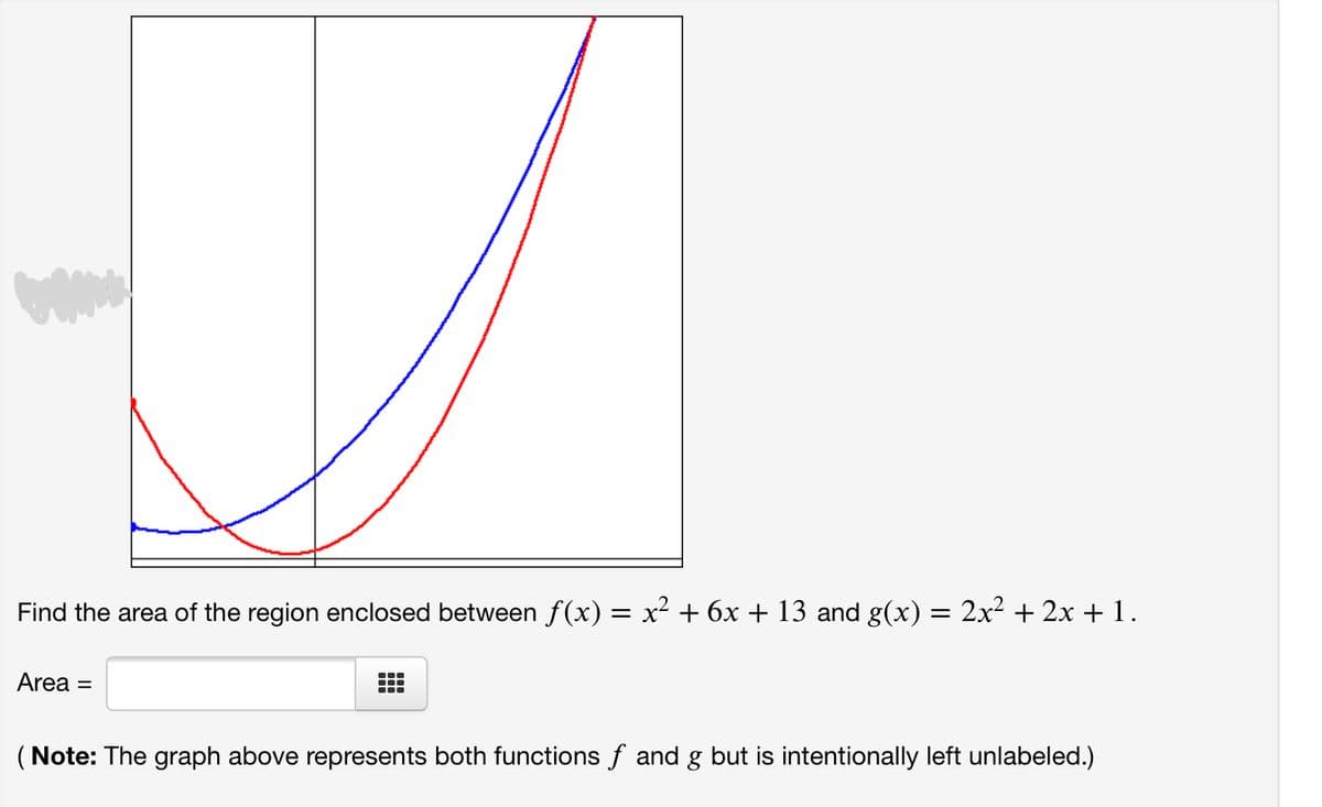 Find the area of the region enclosed between f (x) = x² + 6x + 13 and g(x) = 2x² + 2x +1.
Area =
(Note: The graph above represents both functions f and g but is intentionally left unlabeled.)
